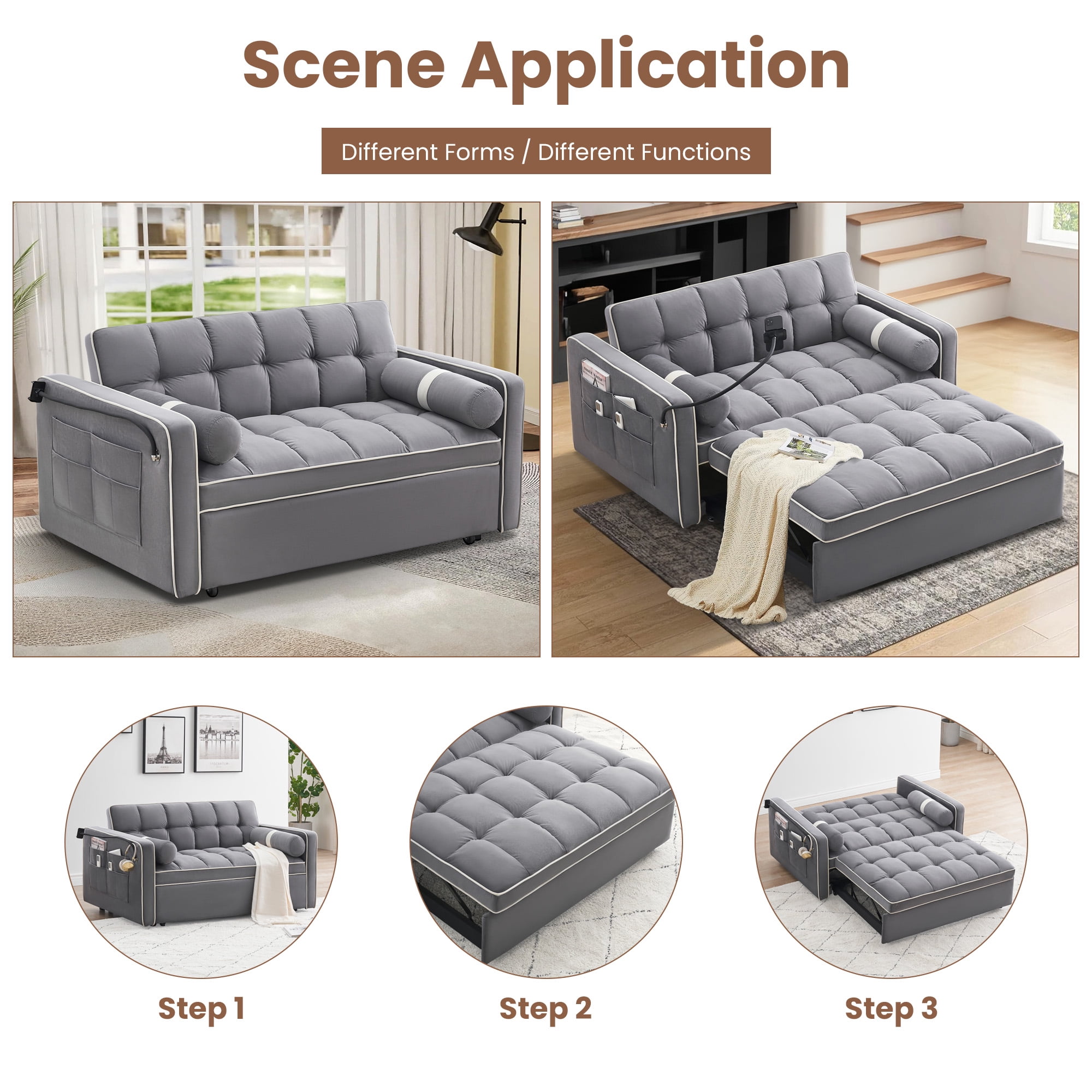 DEALTOPS 3 in 1 Sofa Bed, 55" Loveseat Sleeper with Two Pillows & Phone Stand, Gray
