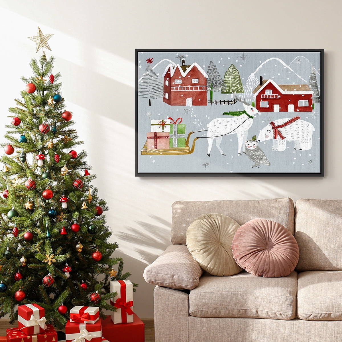 Stars and Snowflakes Collection A - Framed Gallery Wrapped Holiday Canvas - 25 x 37 - Black Frame