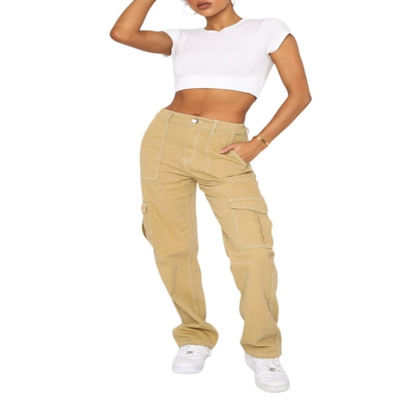 Women’s Casual Straight Jeans Fashion Solid Color Side Pockets Patch High Waist Denim Pants