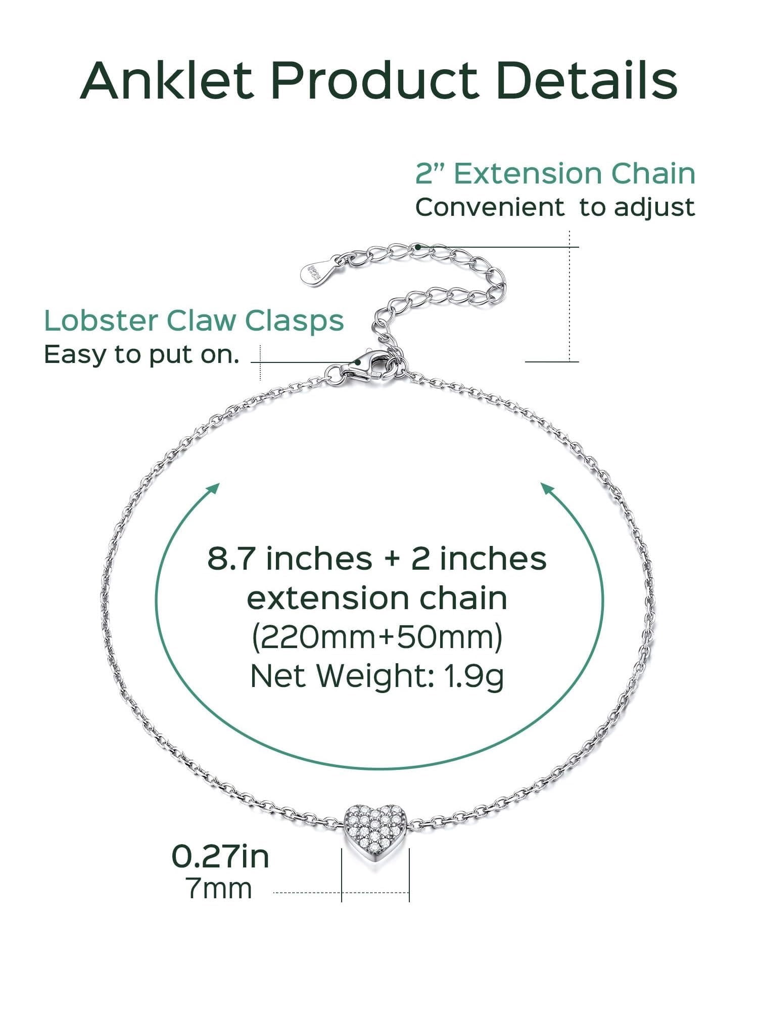 ChicSilver Elegant 925 Sterling Silvery Heary Anklet with Sparkling Cubic Zirconia - Stylish and Refined Design for Daily Wear, Holidays, and Parties