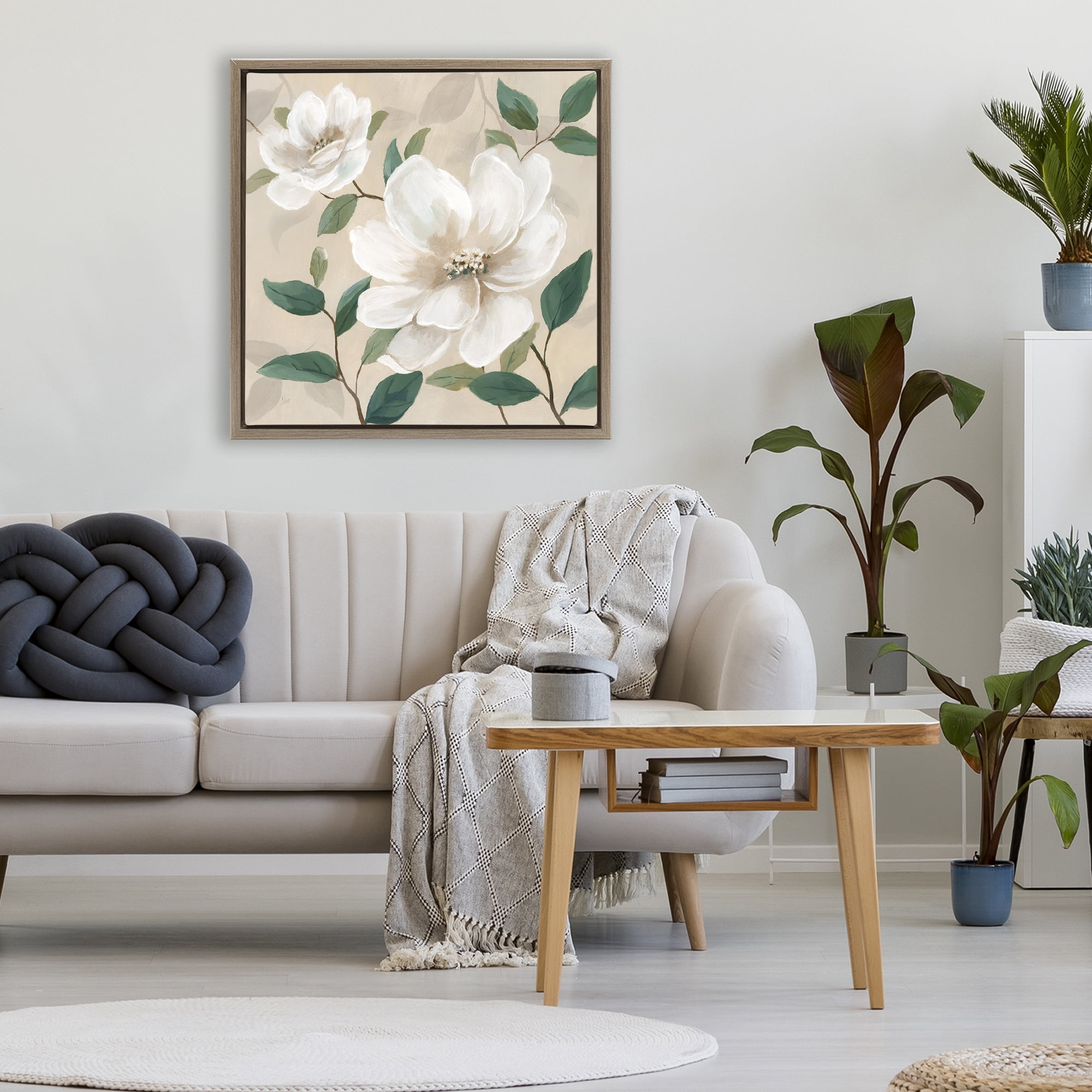 Stupell Industries Serene White Blossom with Leaves Brown Framed Floater Canvas Wall Art, design by Nan
