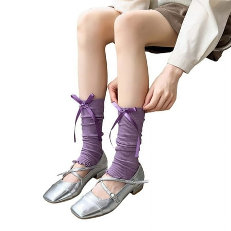 Milue Bowknot Socks Ribbed Leg Warmers Foot Cover Autumn Calf Gaiters for Dress