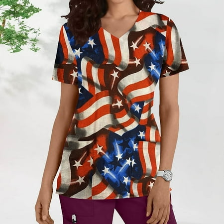 

RKSTN Womens Summer Tops American Flag Tees Short Sleeve Tunic V Neck T Shirts 4th of July Womens Scrubs Independence Day Womens Tops on Clearance