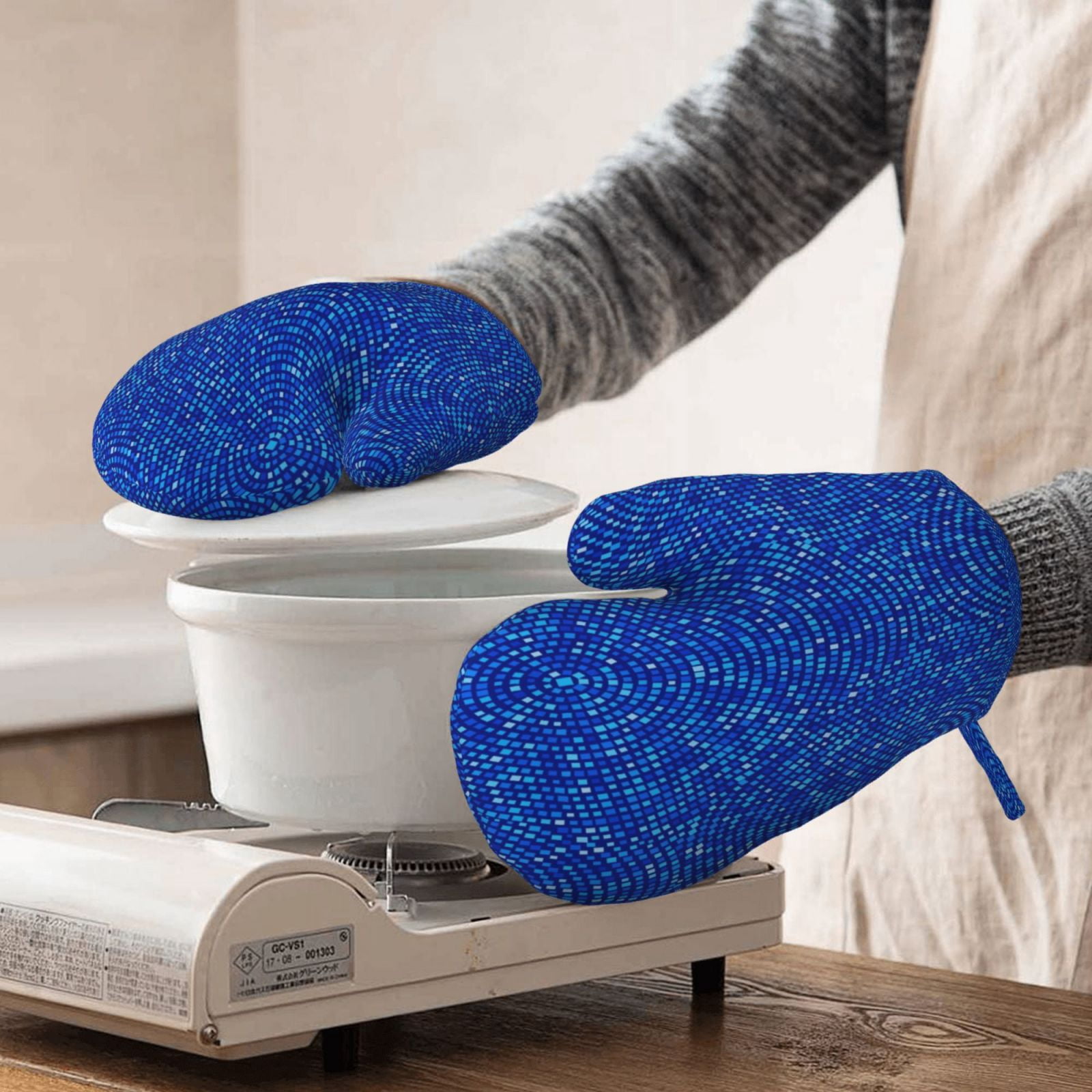 Hirioo Blue Circles Mosaic for Silicone Oven Mitts for BBQ, Baking, Cooking, Set of 2, Heat Resistant 260℃, Non-Slip Kitchen Essentials