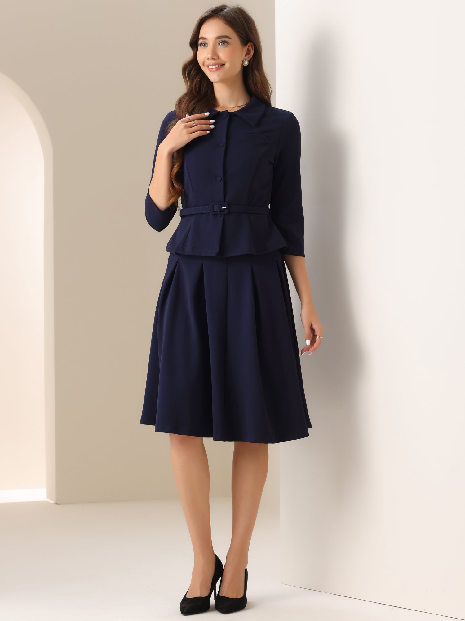 DARING DIVA 2Pcs Women's Office Blazer Jacket Pleated Skirt Suit Set XL Dark Blue