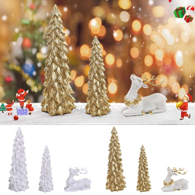 Conjunto De Ciervos De Árbol Juego de 3 adornos navideños de resina con forma de árbol y reno, 3 copos de nieve dorados de 4,5 x 3,9 pulgadas. Yulucky