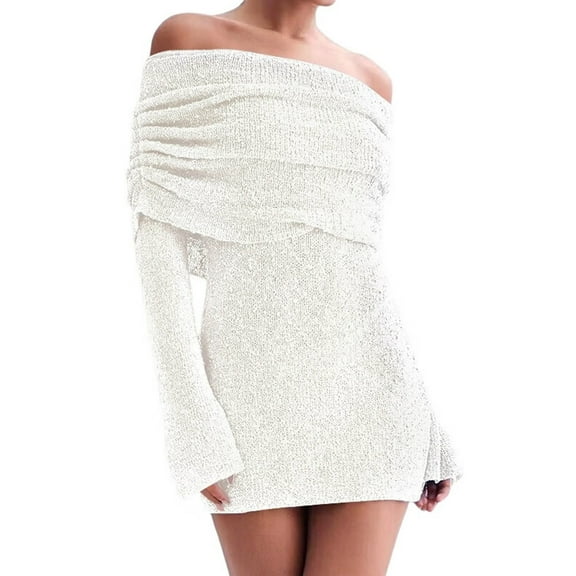 Women'S Off Shoulder Mini Skirt Bodycon Long Sleeve Crochet Out Going Mesh Elegant Sweater Dress White M
