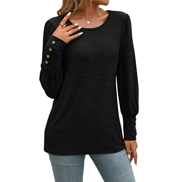 Camisas de Larga con Cuello Redondo para Mujer, Blusas de Otoño, Sudaderas Elegantes de Moda con Leggings Negro S