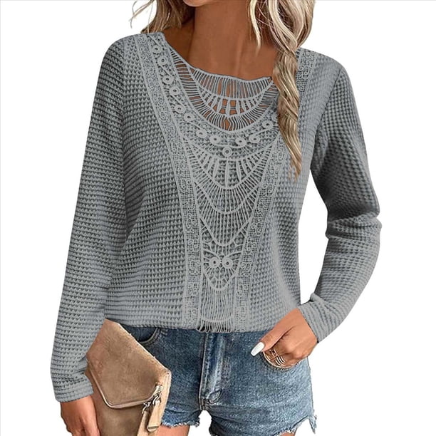 Camiseta de Mujer con Encaje de Piña y Costuras, Color Liso, Larga, Cuello Redondo, Informal. Gris M