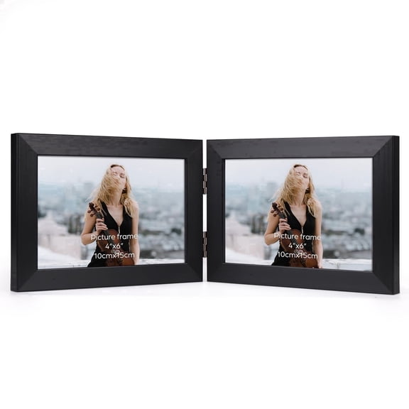 4x6 Double Picture Frame, Horizontal Black Hinged Folding Frame for Tabletop, Gift for Graduate or Wedding