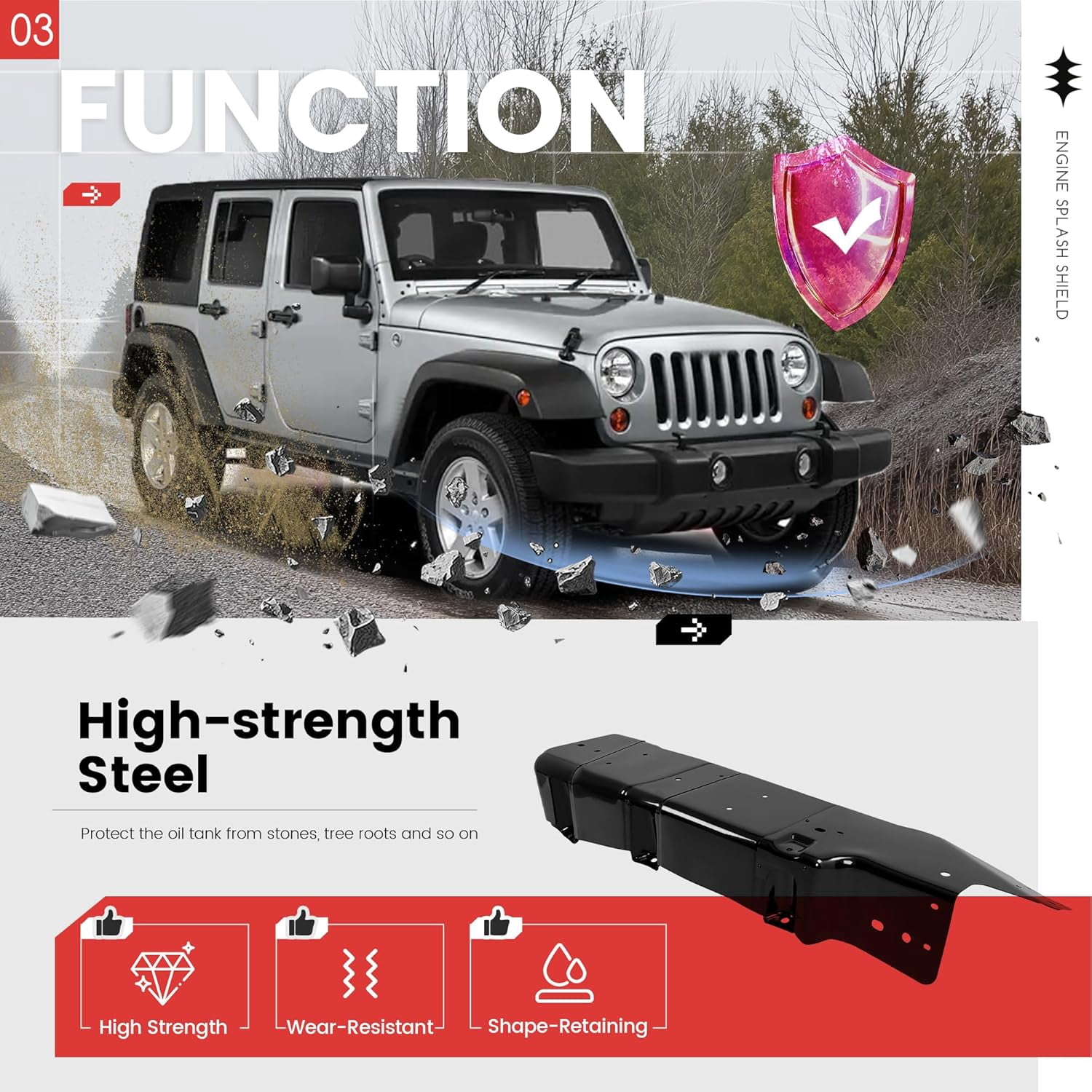 KOJEM Fuel Tank Skid Plate Guard Compatible with 2007-2018 Jeep Wrangler 4 Door Powder Coated Heavy Duty Steel 52059747AD 52059747AE 52059747AF 52059747AG