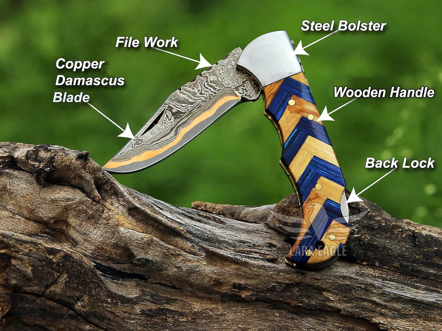 Copper Damascus Pocket Knife – Olive & Blue Handle, Survival Hunting Knife with Leather Sheath & Sharpener – Perfect for Outdoor and Tactical Use