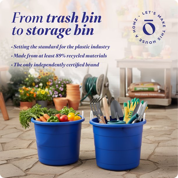 HOMZ Rope-Handle 18-Gallon Open Storage Tubs, Plastic Buckets