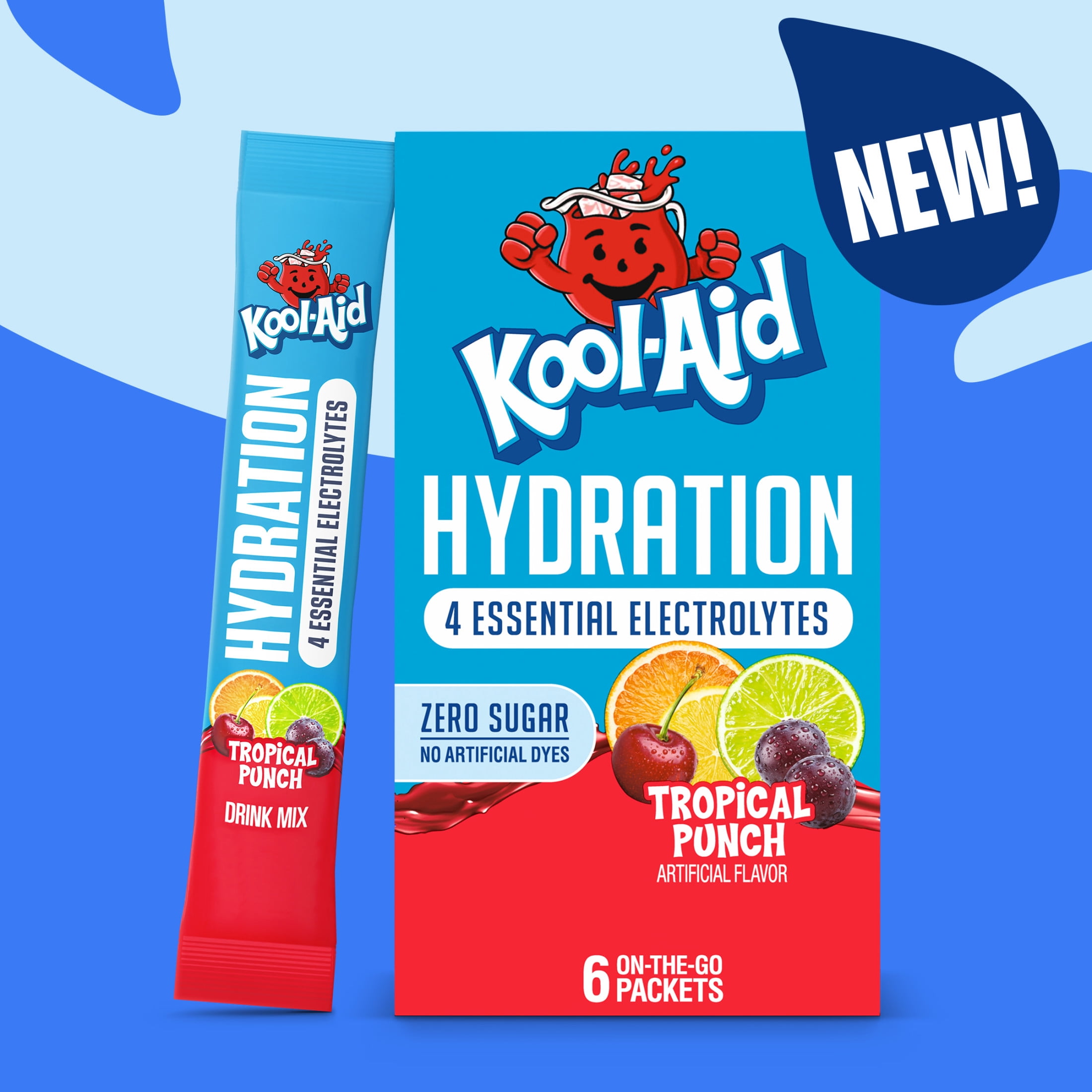 Kool-Aid Hydration Electrolyte Powder Drink Mix, 6 On-the-Go-Packets, for Easy and Flavorful Hydration, Tropical Punch Artificial Flavor, Zero Sugar, No Artificial Dyes, Low Calorie, 1.32 oz Box