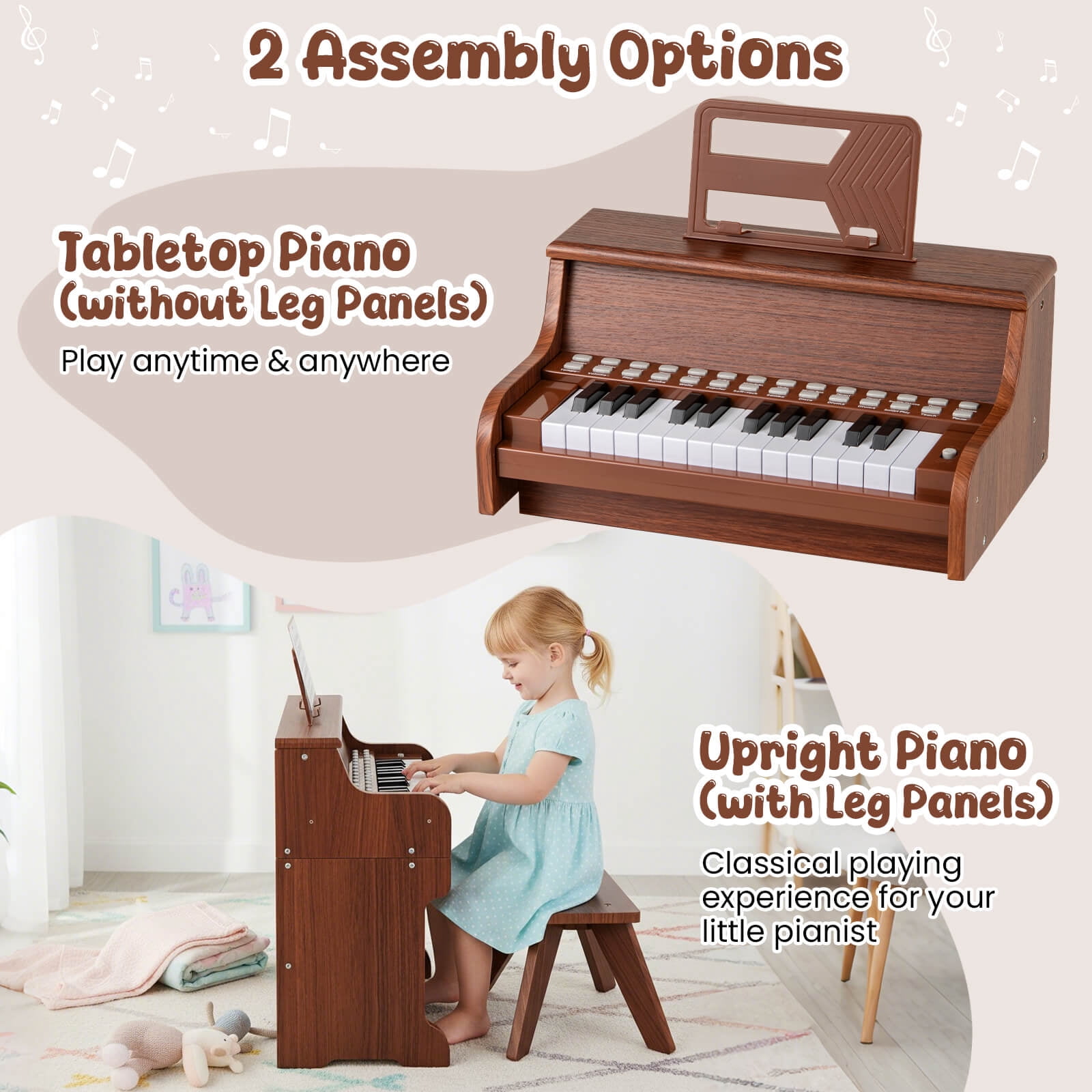 Costway 25 Keys Digital Piano with Music Stand Stool Lighted Keys Teaching Mode for 3+ Kids Brown