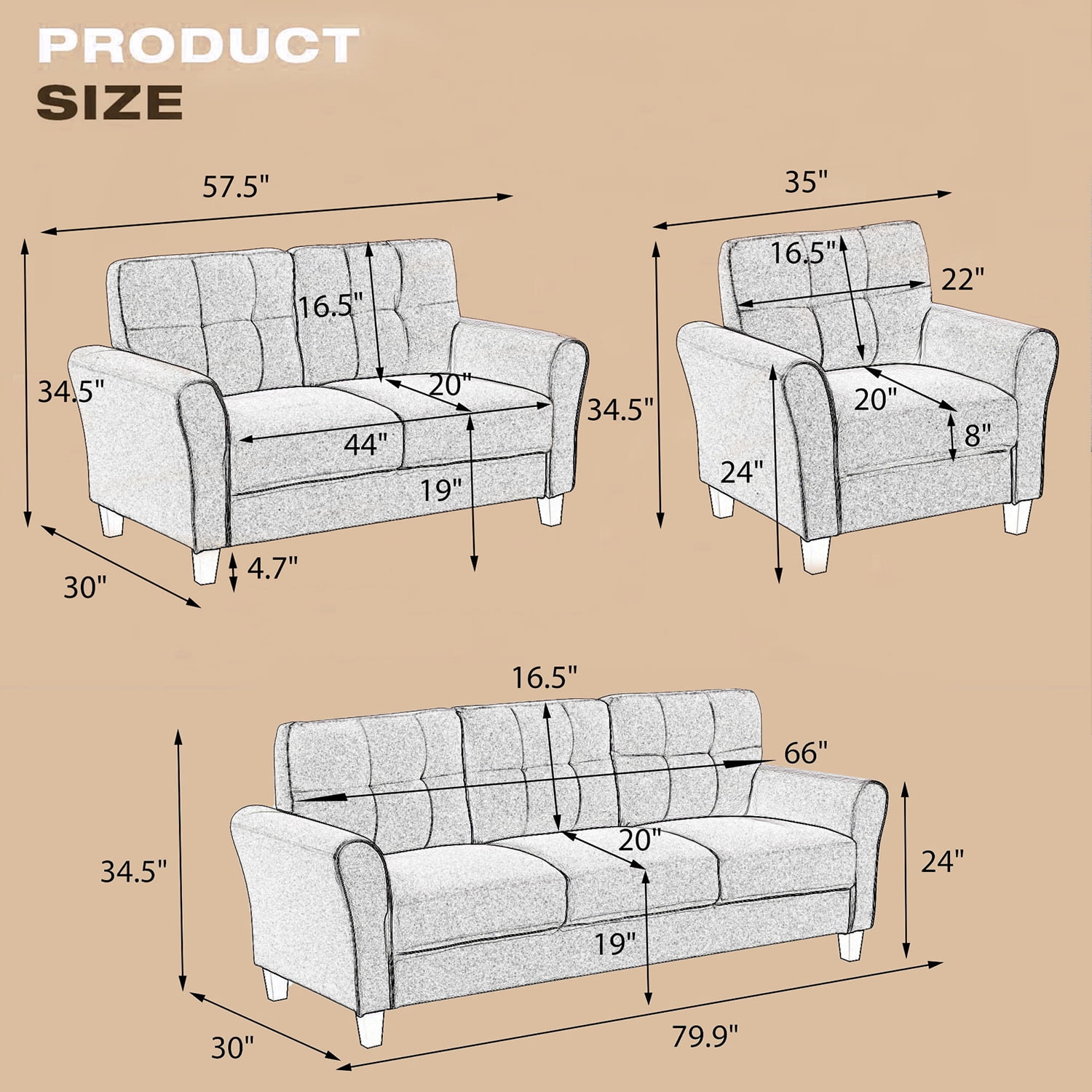 Kadyn Modern Living Room Sofa Set, 2 Piece Linen Sofa Set with Sofa, and Accent Chair, Upholstered Couch Furniture for Living Room, Light Grey-Blue