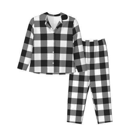 2 Piece Womens Pajama Sets - Black white plaid Soft Sleepwear Comfy Pajamas Ladies Pj Lounge Sets with Pockets  Long Sleeve Button Shirt and Pajama Pants Pjs Sets for Women