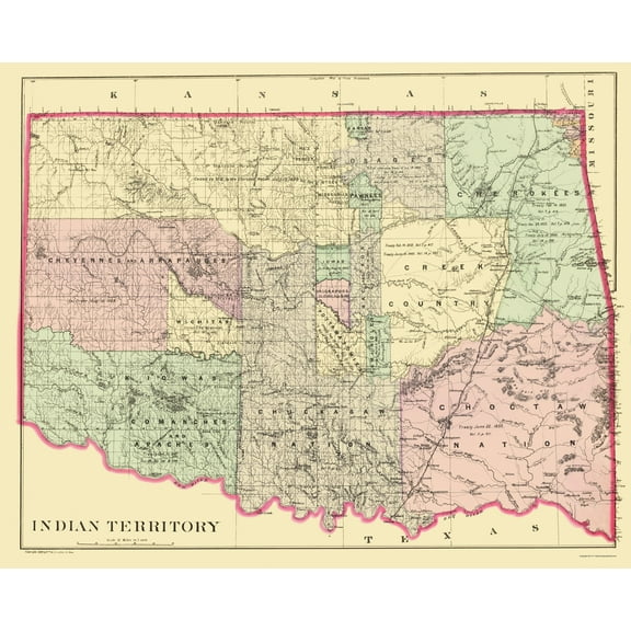 Historic State Map - Oklahoma Indian Territory - Bradley 1887 - Vintage Wall Art