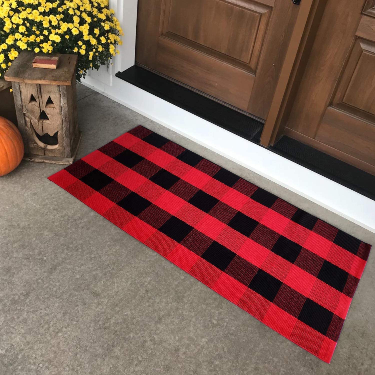 Cotton Buffalo Black and Red Plaid Rugs, HandWoven Checkered Carpet