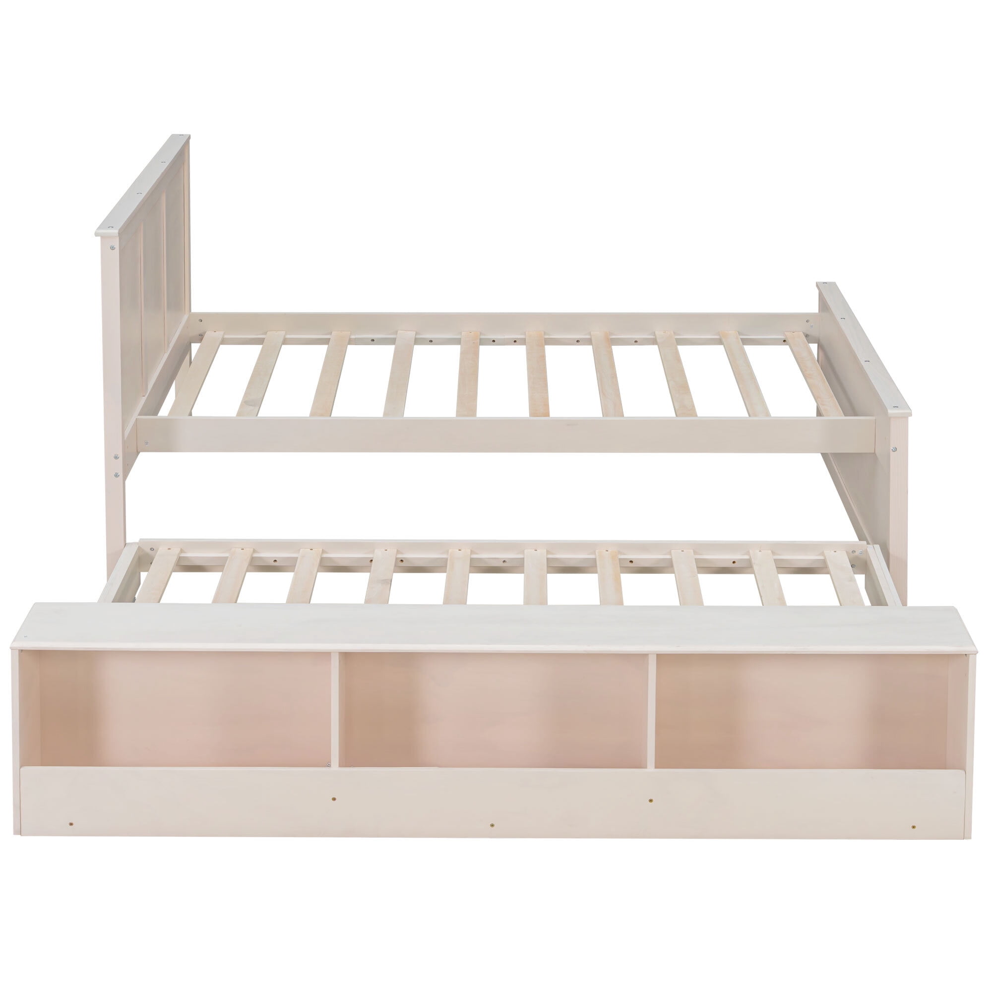 Euroco Wood Twin Size Platform Bed with Trundle and Storage Cabinets, Cream White
