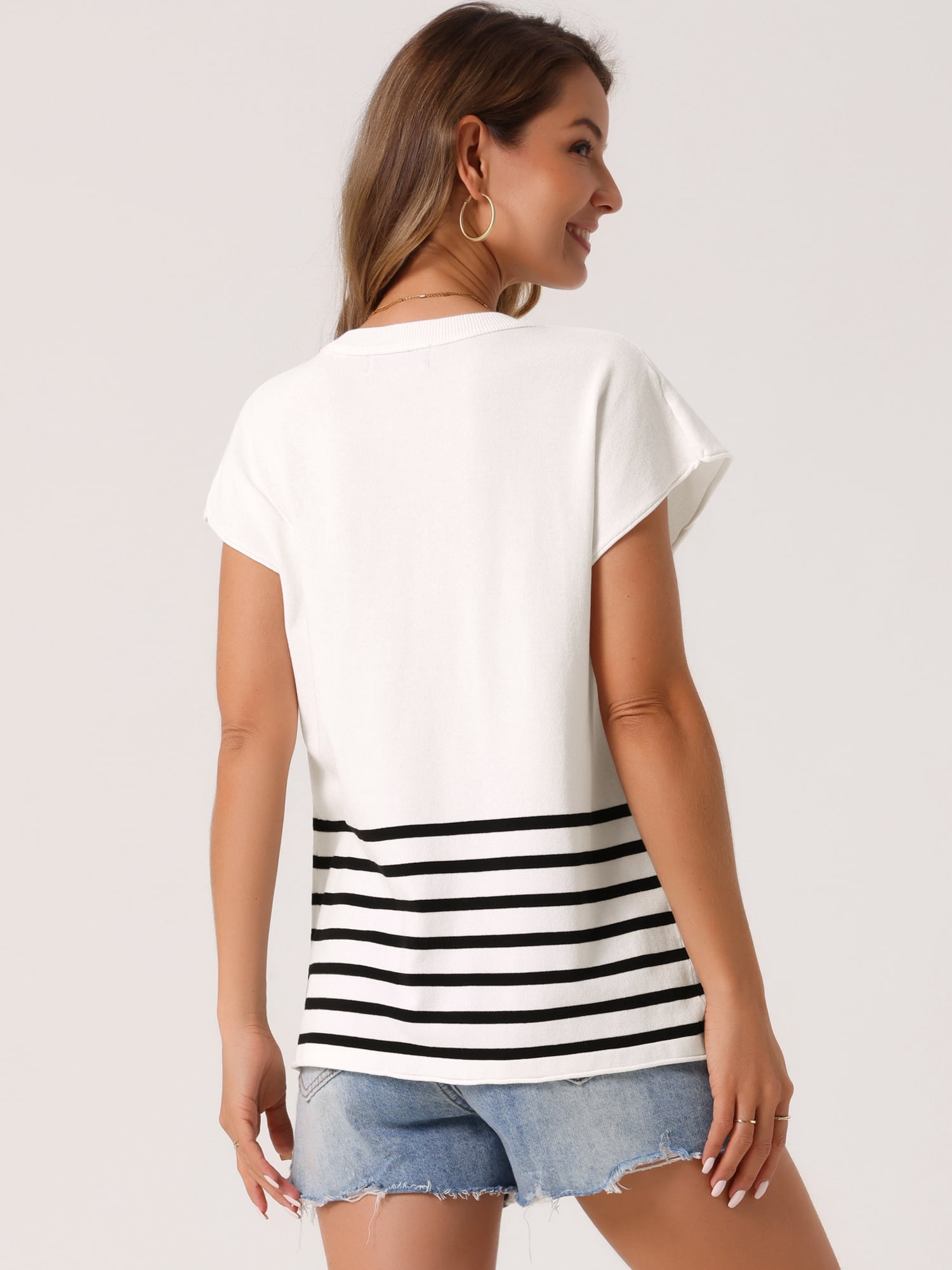 DARING DIVA Sleeveless Round Neck Striped Sweater Vest Cap Sleeve XL White
