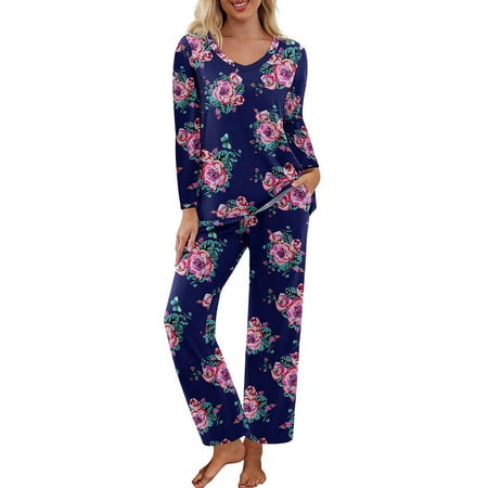 

Avamo 2pcs Long Sleeve Casual Pajamas Set For Womens Long Sleeve Sleepwear Pjs Nightwear Fall Floral Loose Fit Tunic Sleep Nightshirt Loungewear