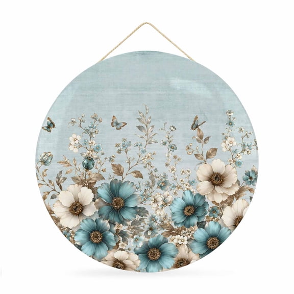 Welcome Sign for Front Door, Teal Tulips Spring Round Metal Wall Art Wreaths, Butterflies Blue Garden Floral Outdoor Indoor Wall Hanging Sign for Porch Decor Housewarming Gifts 11.8 Inch