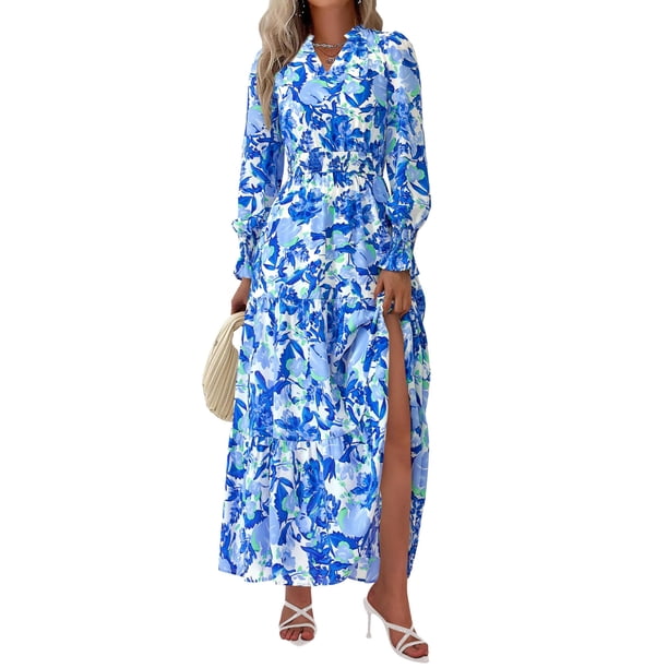 Vestido PRETTYGARDEN 2025 Floral Azul Maxi Manga Larga Talla L
