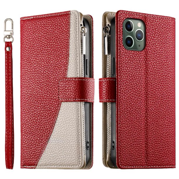 Funda cartera GANGXUN para iPhone 11 Pro , cuero PU con tarjetero, cremallera, correa de mano, soporte y protección 557°