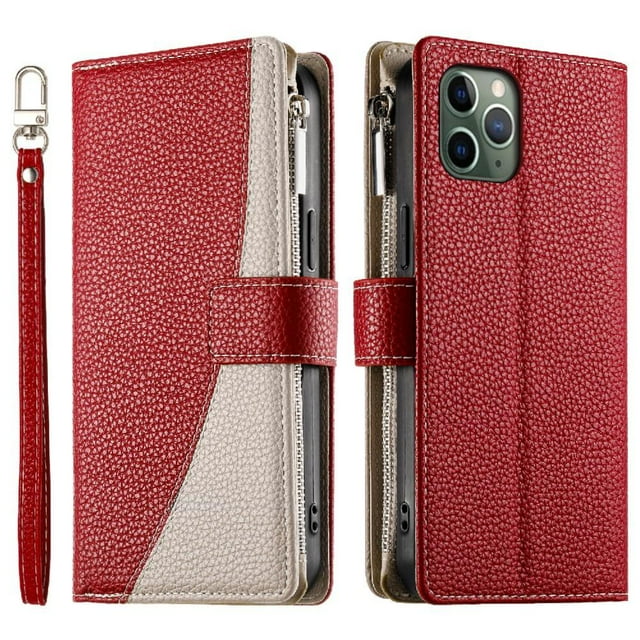 Funda cartera GANGXUN para iPhone 11 Pro , cuero PU con tarjetero, cremallera, correa de mano, soporte y protección 557°