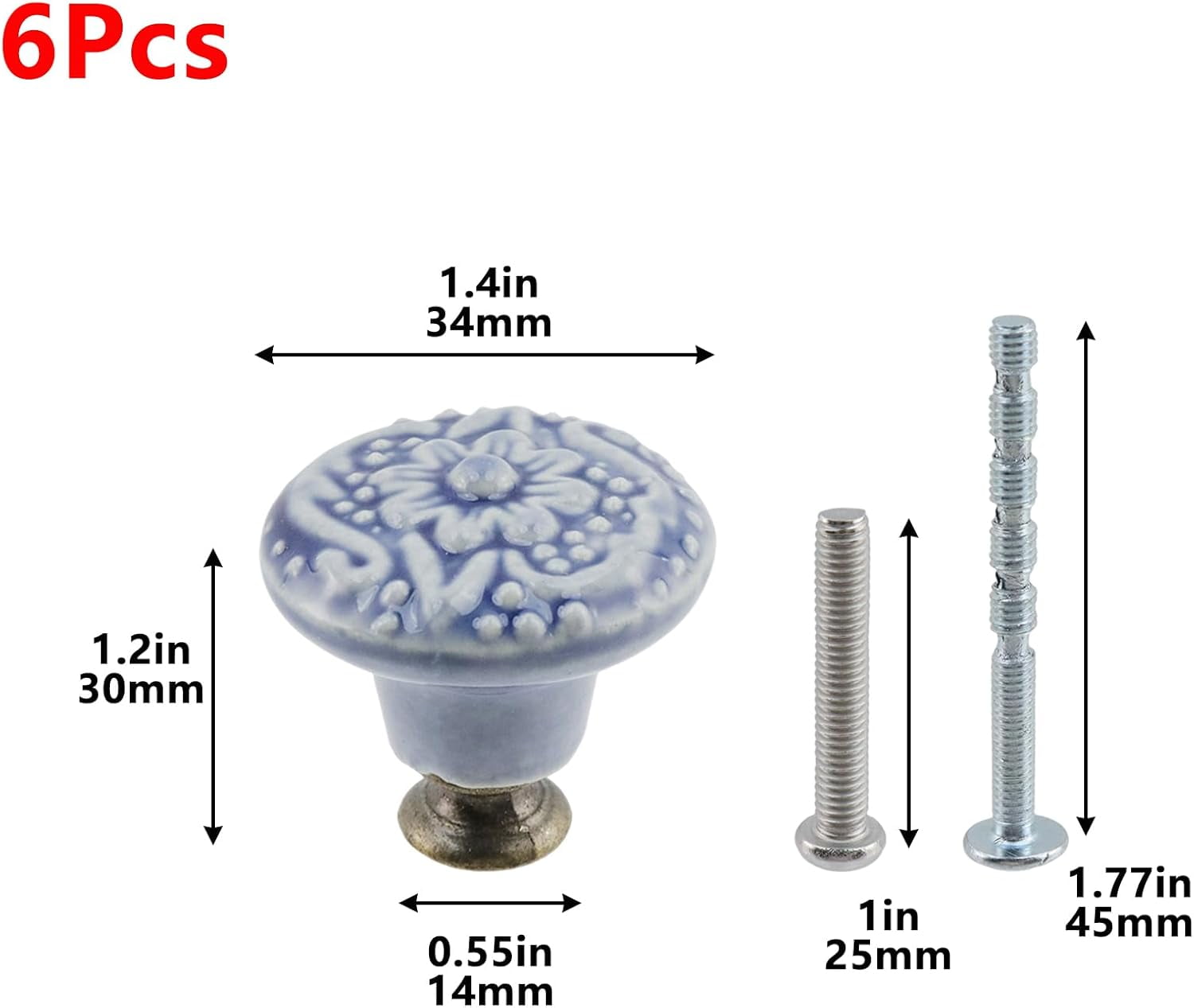 6Pcs Round Ceramic Drawer Knobs Cabinet Furniture Handle Vintage Flower Pattern Knobs, with Mounting Screws,Blue