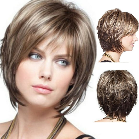 Short Blonde Hair Wigs with Bangs Wavy Hair Wig Heat Resistant Synthetic Hair Wigs for Women Daily Cosplay Natural Hair Wig
