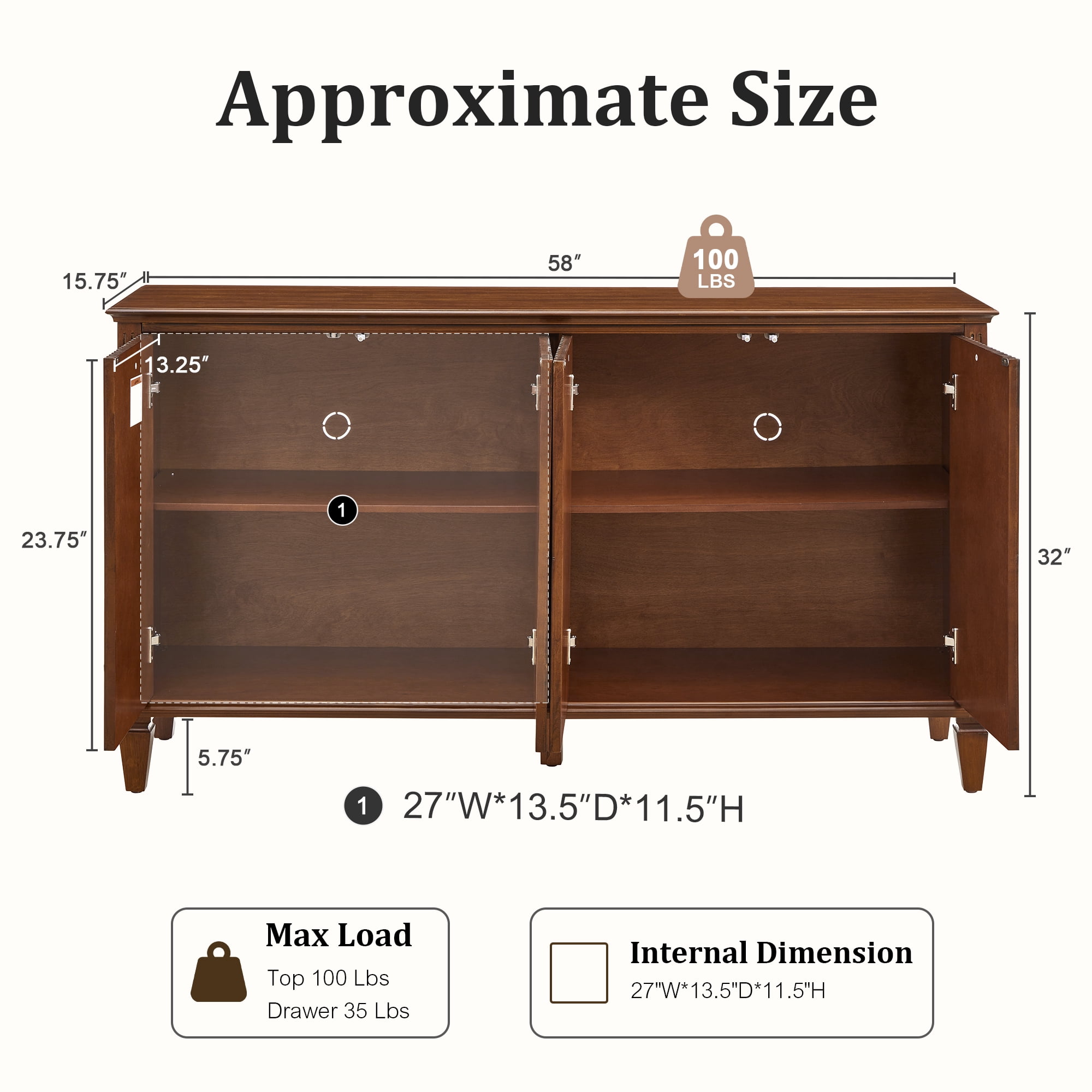 58" Mid Century Modern TV Stand, Wood Storage Cabinet with Carved Geometric Doors, 4 Door Media Console, Sideboard Buffet Cabinet for Living Room, Dining Room, Entryway WLRR