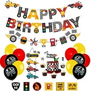 PRATYUS Race Car Birthday Decorations for Kids Boys Let's go Racing Party Supplies With Banner, Welcome Hanger, Car Party Signs, Cake Topper and Checkered Balloons