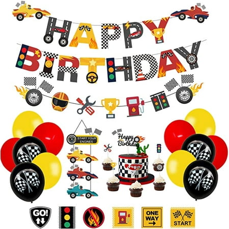 PRATYUS Race Car Birthday Decorations for Kids Boys Let's go Racing Party Supplies With Banner, Welcome Hanger, Car Party Signs, Cake Topper and Checkered Balloons