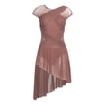 thumbnail image 3 of inlzdz Womens Shiny Rhinestone Lyrical Dance Leotards Short Sleeve Ruched Mesh Splice Figure Ice Skating Dress Brown XL, 3 of 6
