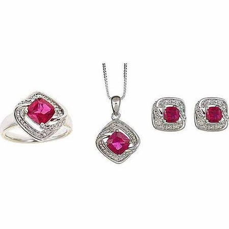 Round White Diamond Accent and Created Ruby Silver-Tone Ring, Earrings and Pendant Set, 18
