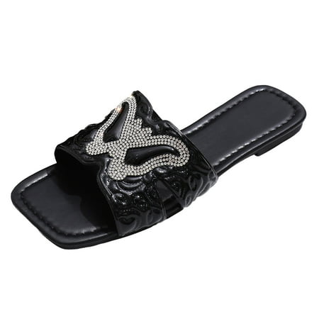 

Fandiiiii Ladies Summer Rhinestone Butterfly Shiny Leather Square Head Flat Bottom Large Size Sandal Slippers Clear Sandals for Women Size 11