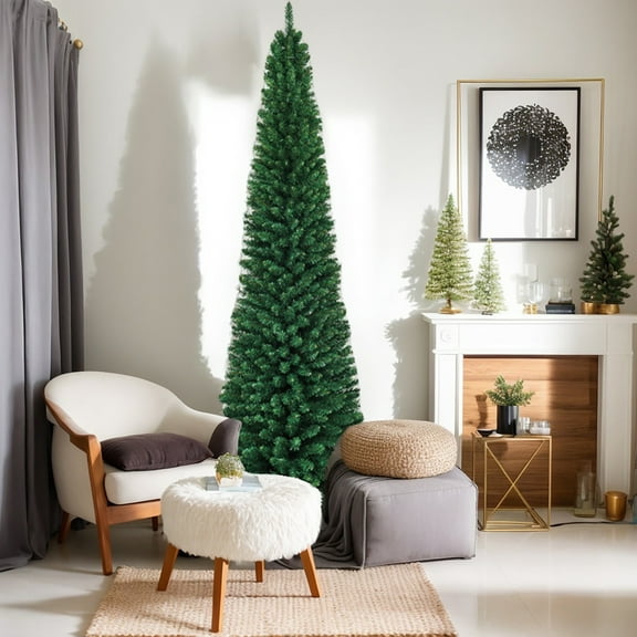 Spaco 9FT Slim Pencil Christmas Tree with 1500 Realistic PVC Branches, Space-Saving Design Christmas Tree with Flocked Finish for Indoor Holiday Decoration, Green