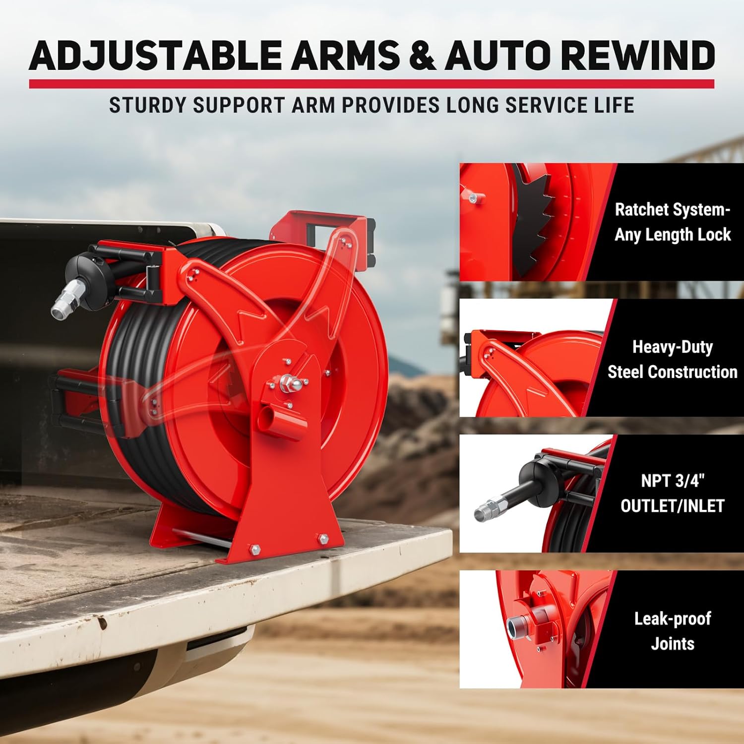 XUTUMM Diesel Fuel Hose Reel Retractable 3/4" x 50' Adjustable Dual Arm, All-weather, Auto Rewind, Heavy Duty Steel, with Fueling Nozzle for Aircraft Ship Vehicle Tank Truck, 300 PSI