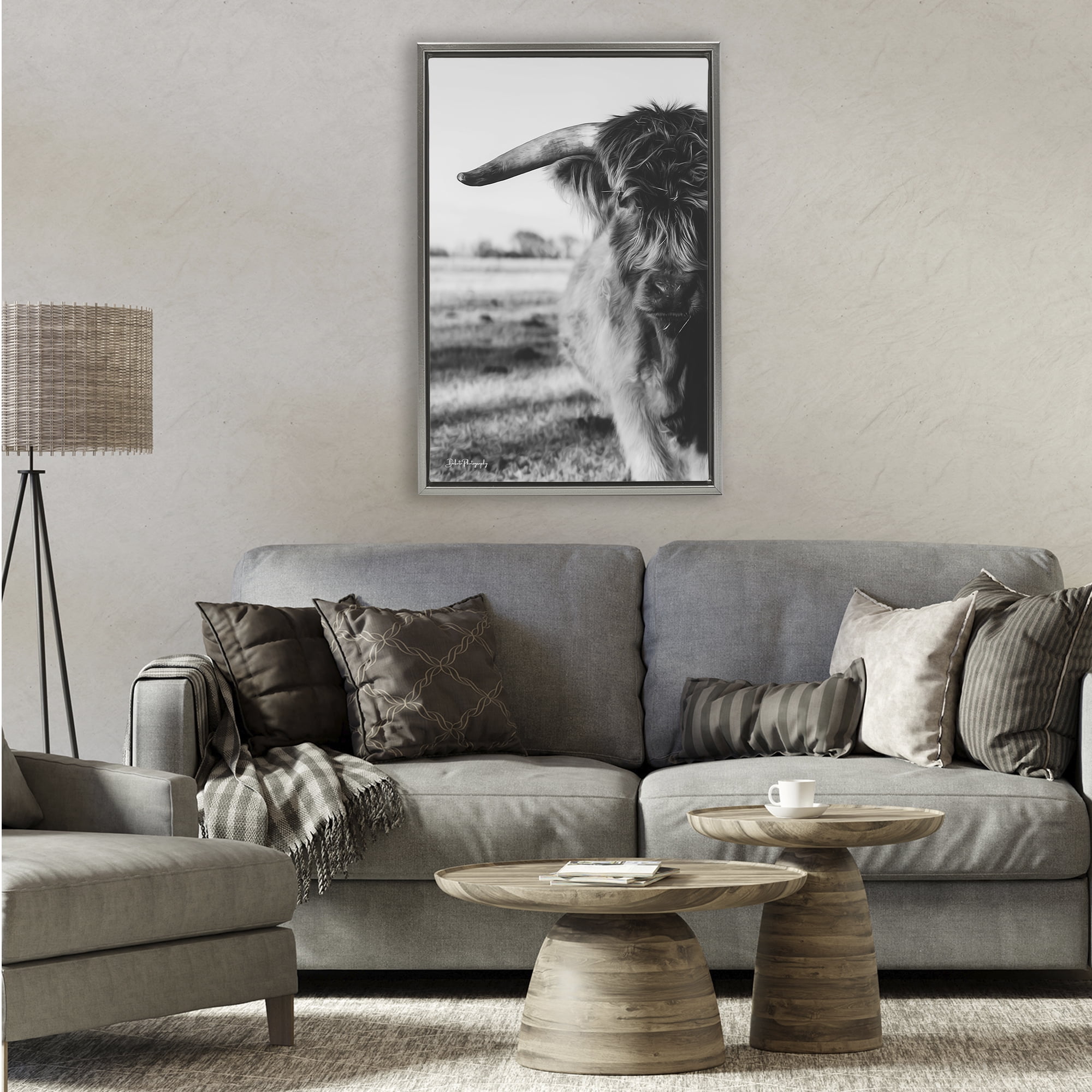 Stupell Industries Baby Cattle in Monochrome Gray Framed Floater Canvas Wall Art, design by Dakota Diener