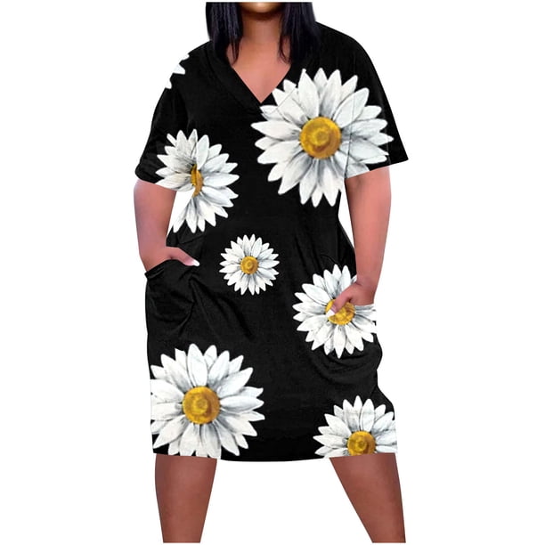 Vestido Corto de Verano Moda Grande Impresión de Manga Corta Cuello en V Bolsillo Mini Vestido para Casual Y Diario