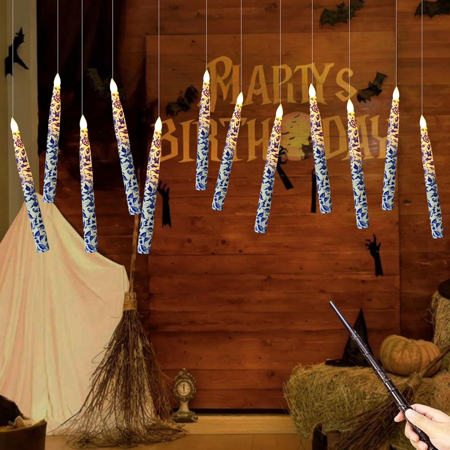 XINAOBAOLUO 12PCS Floral Floating Candles with Wand,Flickering Warm Light Flameless Floating LED Candle with Wand Remote, Magic Hanging Candles for Halloween Party Birthday Gift