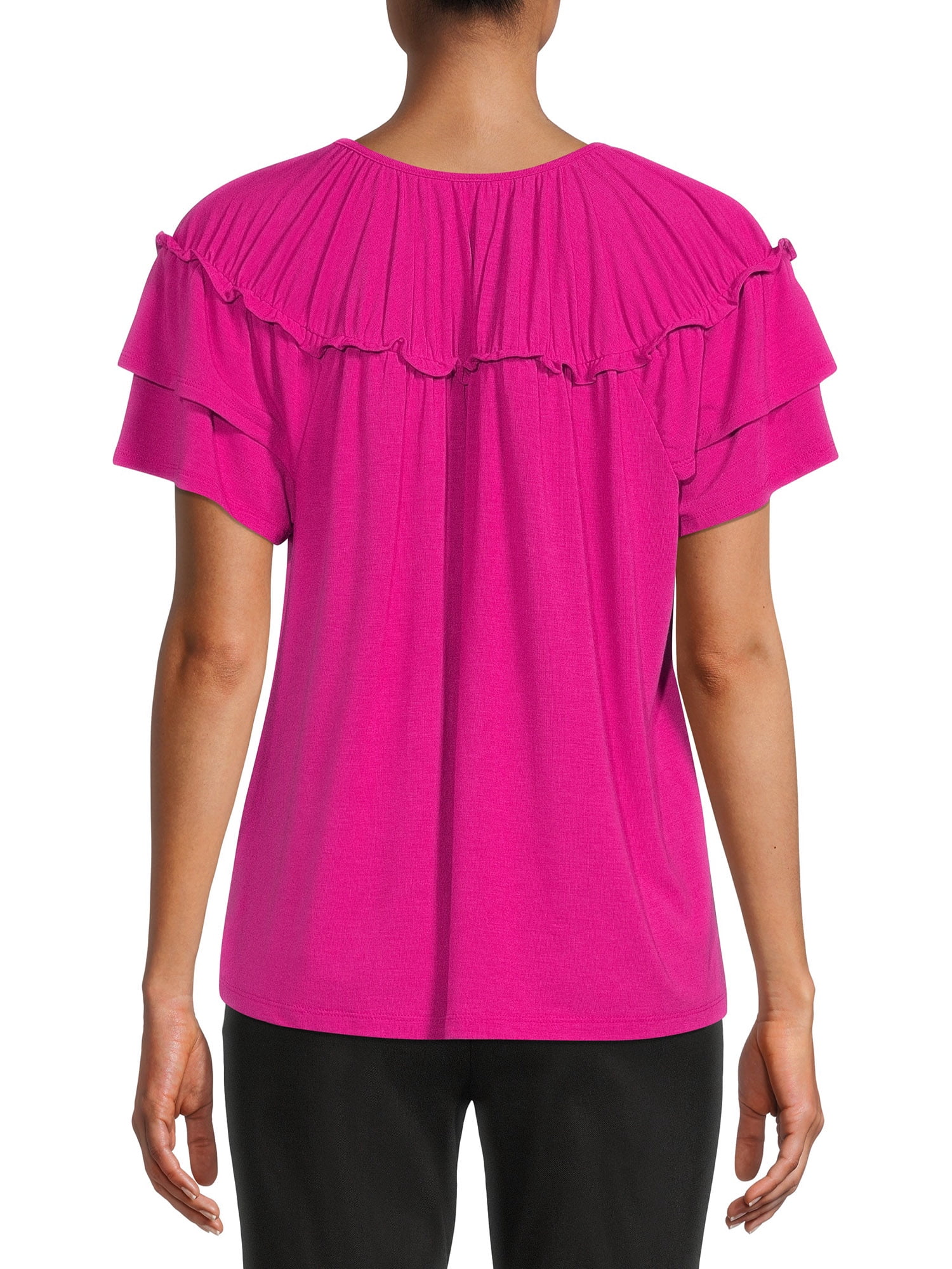 Time and Tru Women's Gathered Top with Flutter Sleeves