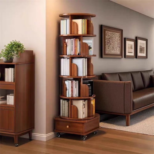 6 Tier Rotating Bookshelf, 360° Display Spinning Bookshelf Tower with Wheels and Drawer, Wood Tall Bookshelf Bedroom, Living Room, Study Room