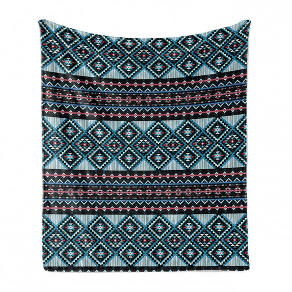 Aztec Soft Flannel Fleece Throw Blanket, Triangles Colorful Geometric Triangles, Cozy Plush for Indoor and Outdoor Use, 50" x 60", Sea Blue Multicolor, by Ambesonne