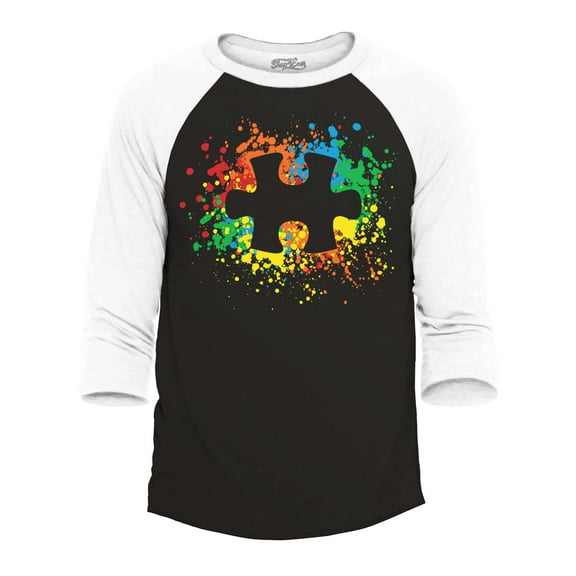 Shop4Ever Men's Autism Awareness Splatter Paint Puzzle Piece Raglan Baseball Shirt XX-Large Black/White