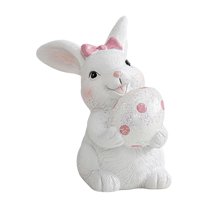 Easter Bunny Resin Figurine Set – 2-Piece Adorable Rabbit Holding Decorated Egg with Pink Bow, Spring Holiday Tabletop Decoration Ornaments