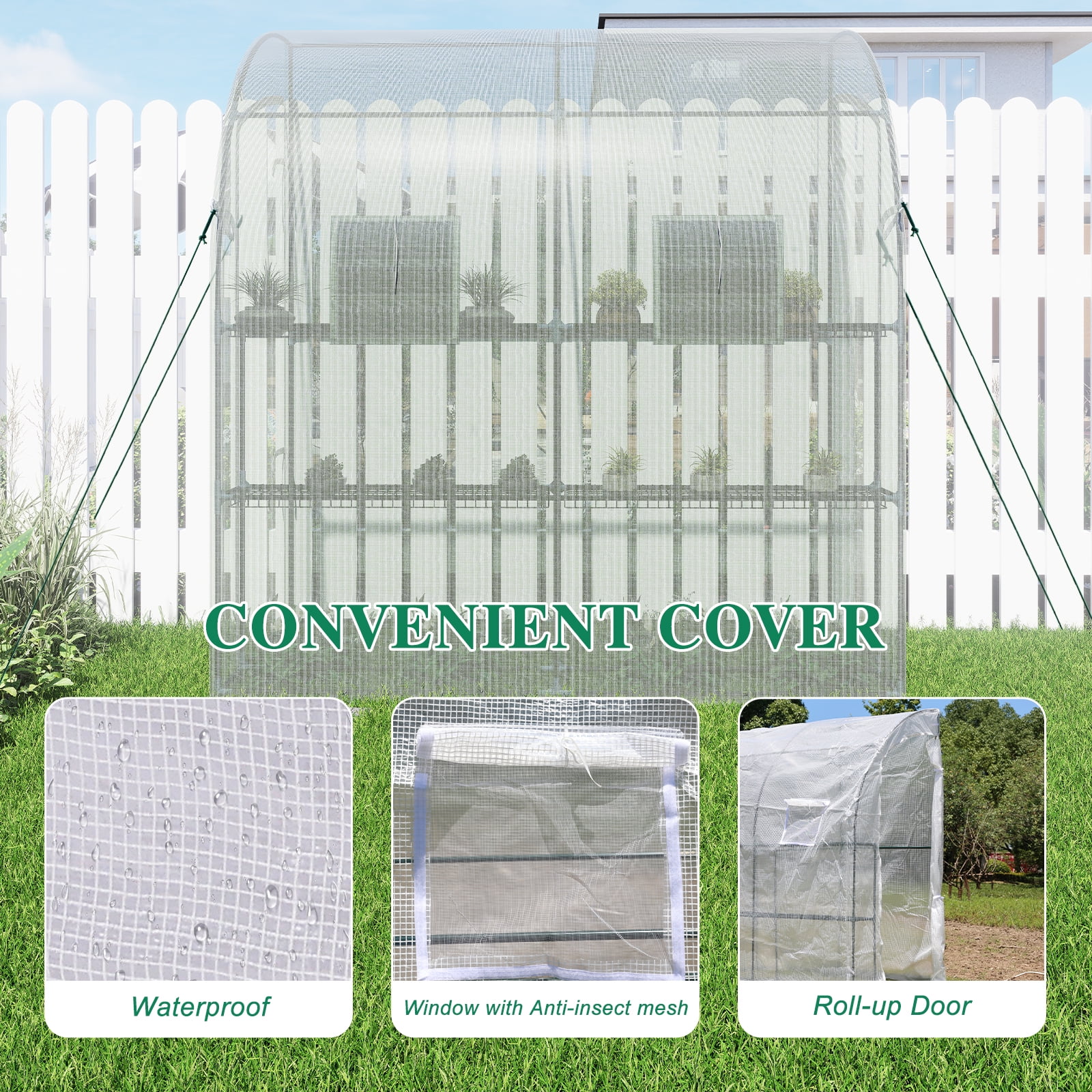 BPS 7x3x7 FT Lean to Greenhouse with Shelves, Large Walk-in Greenhouse with Waterproof PE Cover for Garden, Backyard, White