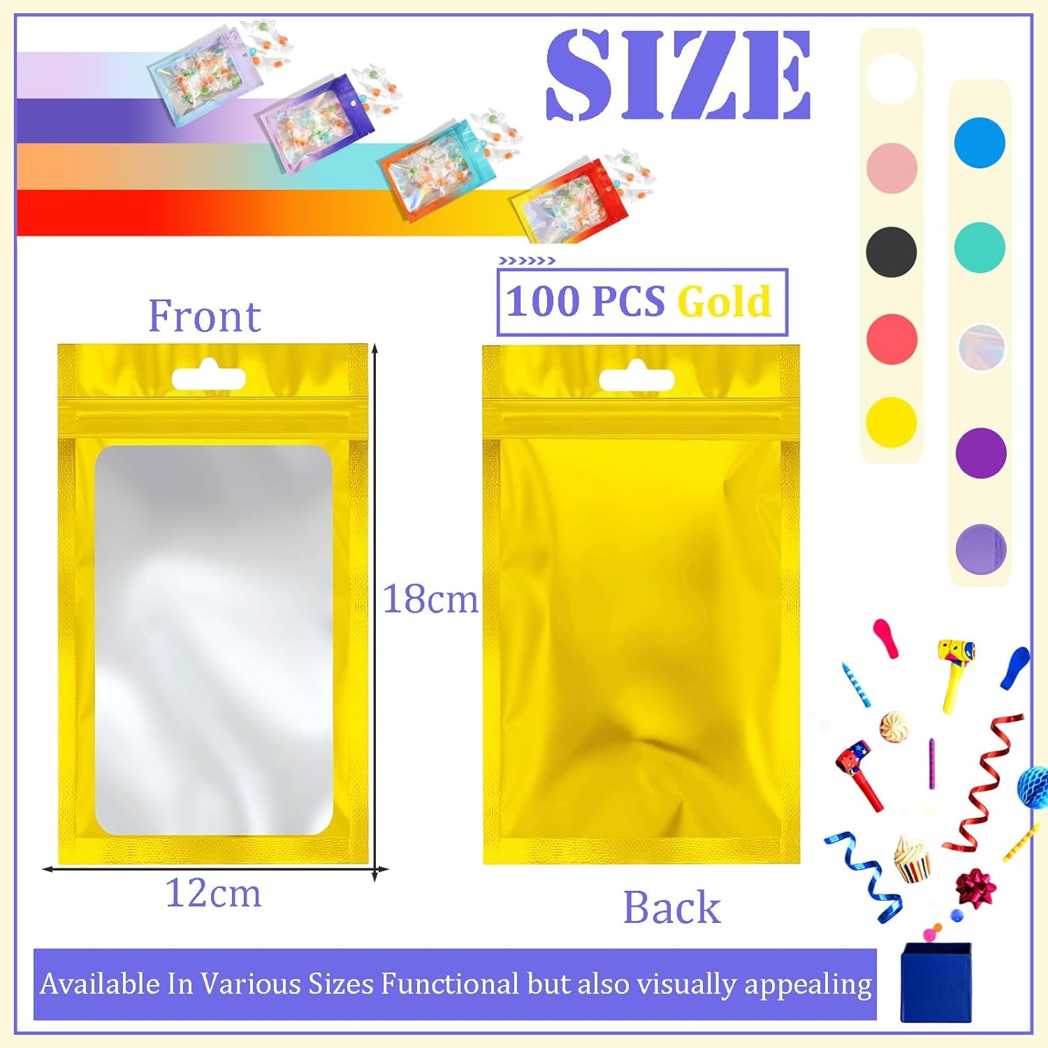 CocinaCo 100pcs Gold Aluminum Foil Stand Up Bags Zip Lock Mylar Pouches  with Window Food Grade